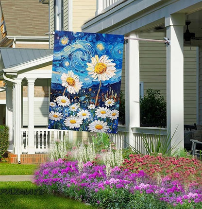 Spring Summer House Flag 28x40 Inch Double Sided Starry Night Daisy Flowers Large Burlap Yard Flag Seasonal Farmhouse Outdoor Outside Decoration