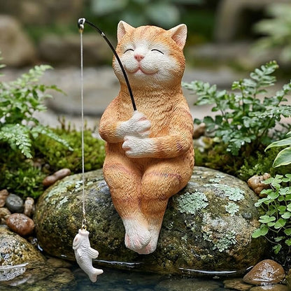 Elenon Fishing Cat Garden Statue, 9" Cat with Pole Decor for Koi Pond Waterfalls, Adorable Flower Bed Outdoor Yard Patio Art Decorative Sculptures Table Ornament