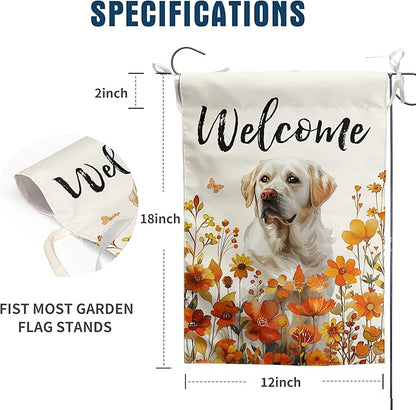 Floral White Lab Garden Flag Fall Yard Flag Wildflower Labrador Dog Garden Flags Orange Autumn Lawn Flags Welcome Thanksgiving Outdoor Flags for Outside 12x18 Double Sided Small