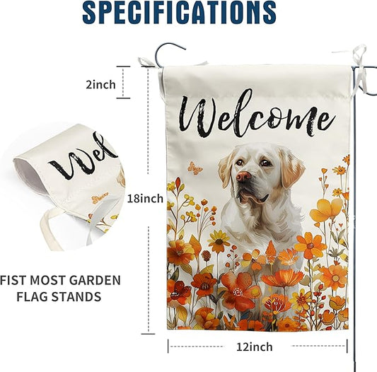 Floral White Lab Garden Flag Fall Yard Flag Wildflower Labrador Dog Garden Flags Orange Autumn Lawn Flags Welcome Thanksgiving Outdoor Flags for Outside 12x18 Double Sided Small