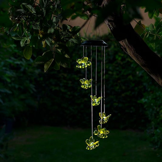 Alpine Corporation QLP832SLR Outdoor Solar Powered Wind Mobile with LED Bee Lights, LED Solar Lawn Décor, 27", Multicolor