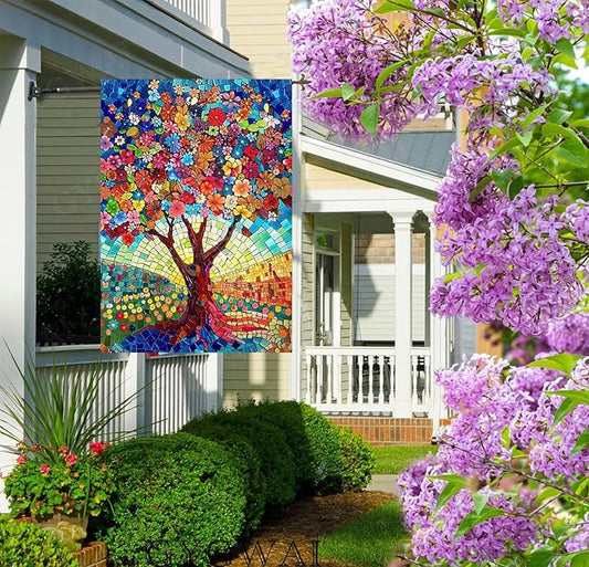 Stained Glass Tree of Life House Flag 28x40 Double Sided for Outside, Spring Summer Burlap Large Floral Garden Flags for Yard Outdoor Garden Decor