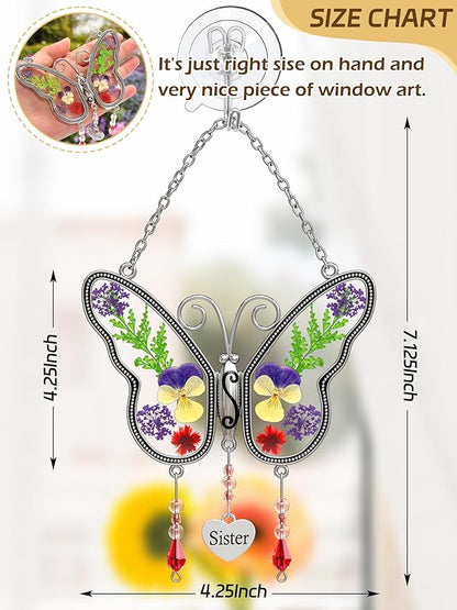 KY&BOSAM Suncatcher Butterfly Stained Glass Sister Suncatchers Hangings for Window Wind Chime Ornament with Pressed Dried Flower Wings Embedded in Glass for Mom Birthdays Christmas