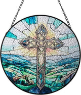 Sun Catcher Stained Glass Window Hanging 8 inch Green Cross Suncatcher Wall Art Home Decor Sun Catchers Decoration for Garden Home Housewarming Gifts