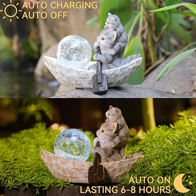 Rezpuao Garden Statue of Cat,Garden Decor Cat Figurine,Cats Outdoor Statue,Solar Decor for Patio,Balcony,Yard,Lawn Ornament