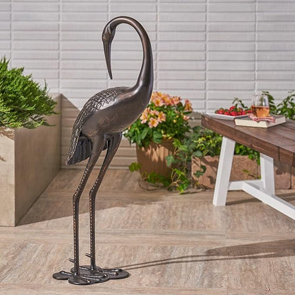 Metal Crane Garden Statue, Cast Aluminum Outdoor Crane Sculpture, Rust-Proof Metal Yard Art Bird Statue for Garden Lawn Patio, Shiny Copper Finish, Antique Bronze