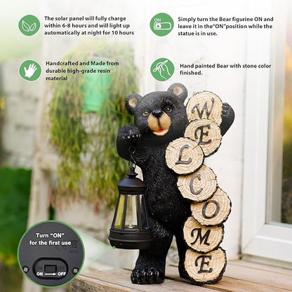 Qeeman Solar Bear Garden Statue: Weatherproof Resin Figurine with Warm Glow Lantern - Outdoor Decor for Yard Pathway Patio Porch Balcony - Gifts for Mom Grandma Bear Lovers