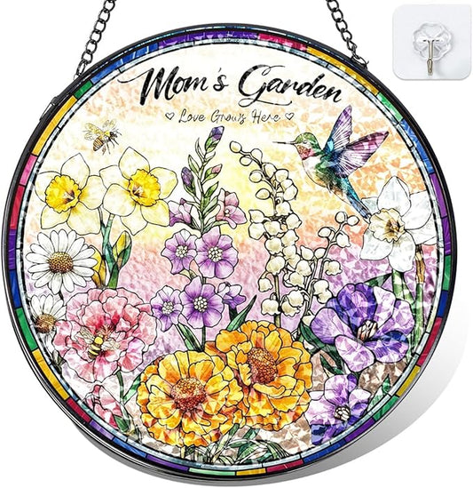 Birthday Gifts for Mom - 8 inch Mom’s Garden Inspired Stained Glass Suncatcher, Floral Window Hanging Ornament, Mothers Day Decorations Gift for Mom Grandma, Mom Birthday Gifts