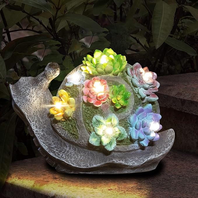 pearlstar Garden Statues, Snails Solar Statue Garden Decor Clearance, Cute Resin Snails Figurines with 7 LED Solar Lights Lawn Decorations for Patio Yard Gifts for Mom Grandma Housewarming