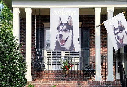 Mugod Siberian Husky House Flag 28x40 Inch Double Sided Burlap, Welcome Dog Large Yard Flag for Outdoor Farmhouse Seasonal Decoration