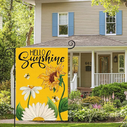 AVOIN colorlife Daisy Sunflower Hello Sunshine Garden Flag 12x18 Inch Double Sided, Summer Seasonal Holiday Burlap Yard Outdoor Decoration Yellow