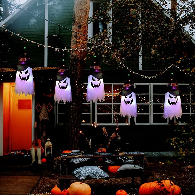 BokingOne Halloween Decorations Outdoor 3Pcs Large Size Hanging Lighted Glowing Ghost Witch Hat Decor with Lights String for Party Indoor Outside Ornaments and Yard Tree Garden