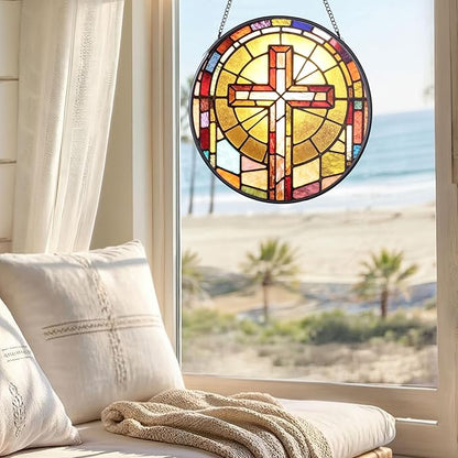 Stained Glass Suncatcher, 7.9 Inch Stained Glass Window Hanging Faith Cross Sun Catcher, Window Hanging Ornament Garden Decor Modern Farmhouse Decoration Catholic Gifts Religious Gifts