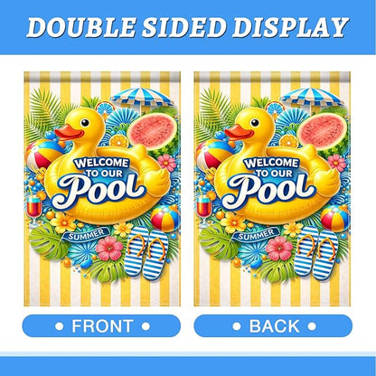 BlissYard Welcome To Our Pool Garden Flag 12x18 Double Sided Vertical Outdoor Decor Rubber Duck Summer Poolside Yard Garden Lawn Banner Bright Seasonal Display