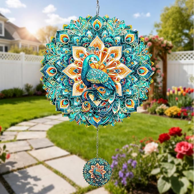 Wind Spinners Outdoor Peacock, 12 inch Laser Cut Metal Art Geometric Pattern Wind Spinners Hanging Kinetic for Yard, Garden, Patio, Outdoor - Craft Decor Birthday Gifts for Women, Men, Mom