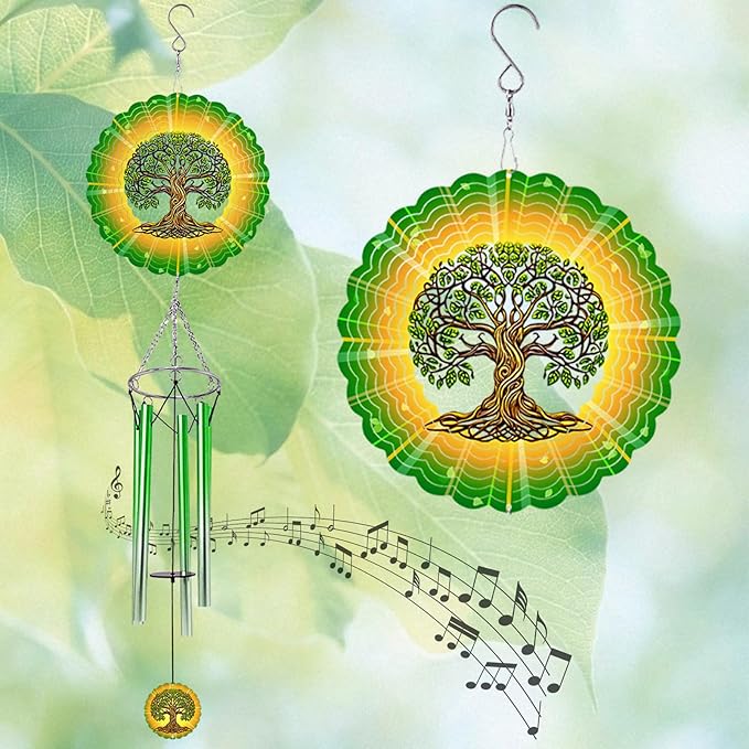 Wind Chimes with Tree of Life 3D display Wind Spinner for Outside Garden Patio Yard Decor, Metal Decorative Windchime Outdoor Hanging Gift for Mom Women Grandma Wife, for Christmas, Birthday