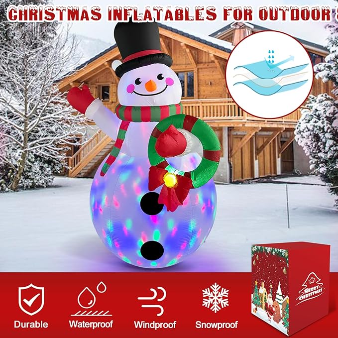 Danxilu 6 FT Christmas Inflatables Snowman Outdoor Decorations with Colorful Rotating LED Lights, Blow up Snow Man Wear Magic Hat with Wreath Xmas Decor for Yard Garden Lawn Porch Holiday Party