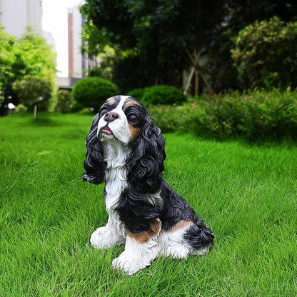 Cavalier King Charles Spaniel Garden Statue with Solar Lantern, Realistic Dog Sculpture, Birthday Gift for Women Mom Grandma, Housewarming Gift for New Home, Outdoor Resin Puppy Decor,Black & White