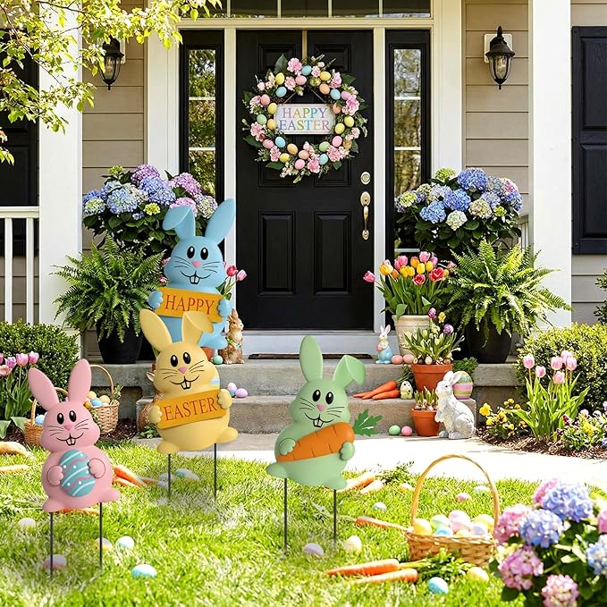 Qunclay Set of 4 Metal Easter Bunny Yard Signs Cute Rabbit Garden Stakes 13.4 Inch Colorful Bunny Yard Decorations in Pink Blue Yellow Green Easter Party Spring Outdoor Lawn Front Door Home Decor