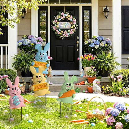Qunclay Set of 4 Metal Easter Bunny Yard Signs Cute Rabbit Garden Stakes 13.4 Inch Colorful Bunny Yard Decorations in Pink Blue Yellow Green Easter Party Spring Outdoor Lawn Front Door Home Decor