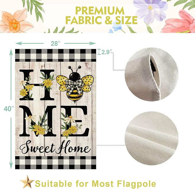 ORTIGIA Home Sweet Home Bee House Flag Double Sided 28x40 Inch, Spring Summer Yellow Flower Buffalo Plaid Check Large Yard Flag Burlap Farmhouse Rustic Outside Outdoor Lawn Patio Decor