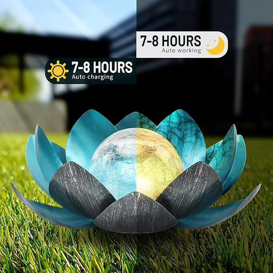 Lotus Solar Lights Outdoor,Solar LED Powered Garden Light Waterproof for Decor Tabletop Ground Yard Patio Walkway Landscape,Metal Glass LED Lotus Flower Lights