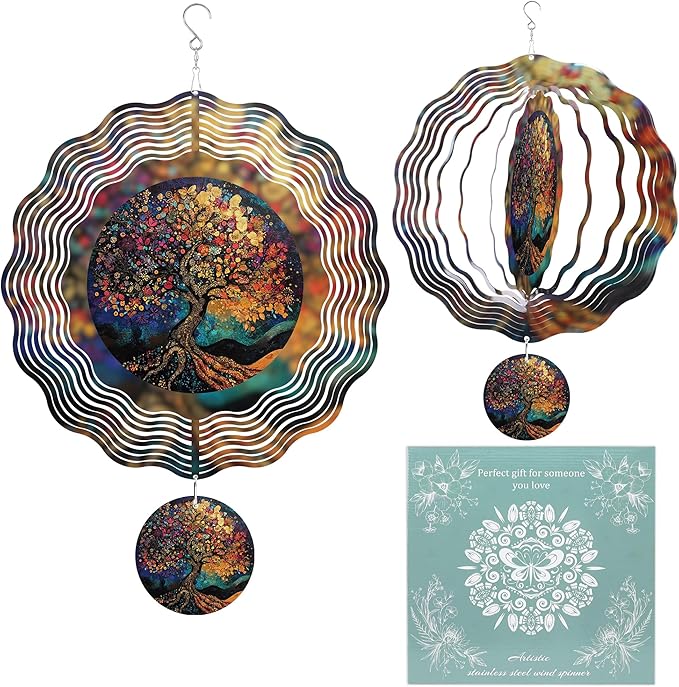 Tree of Life Wind Spinners, Birthday Gifts for Women Mom Grandma Wife, 12 inch 3D Stainless Steel Hanging Wind Spinners Outdoor Decor for Garden Patio Yard Lawn Balcony Outside Decorations