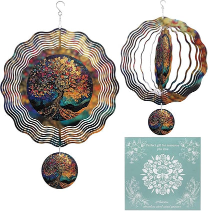 Tree of Life Wind Spinners, Birthday Gifts for Women Mom Grandma Wife, 12 inch 3D Stainless Steel Hanging Wind Spinners Outdoor Decor for Garden Patio Yard Lawn Balcony Outside Decorations