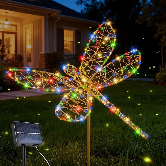 Lomotech Solar Garden Lights - 18" 240 Leds Foldable Outdoor Dragonfly Garden Decor, Waterproof Larger Outdoor Solar Lights with Iron for Garden Patio Yard Lawn Pathway Decorations (Multicolor)