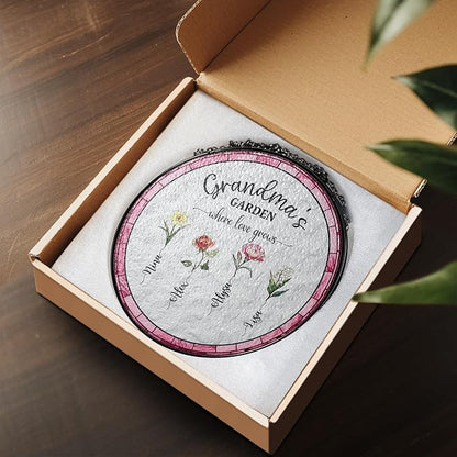 Personalized Grandma’s Garden Stained Glass Window Hanging Ornament, Custom Birth Month Flowers with Kids’ Names, Grandma Love Grows Here Floral Decoration, for Mom Grandma