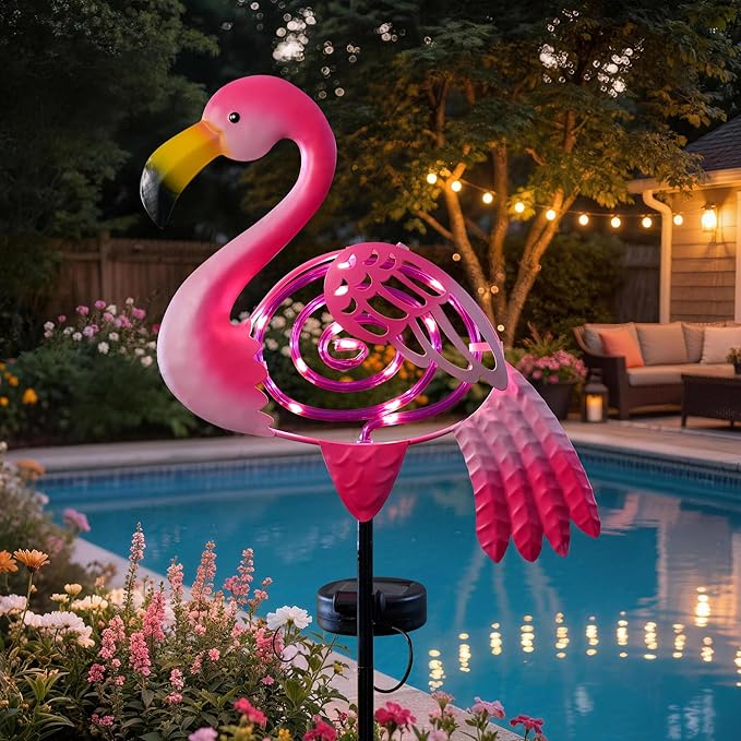 Flamingo Garden Solar Lights Outdoor Decor, Metal Pink Flamingo Yard Decoration with Waterproof Garden Stake Lights for Pathway Patio Porch Lawn Ornament, Flamingo Gifts for Women Mom Grandma
