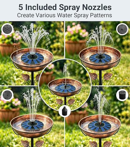 Solar Bird Bath Fountain Pump 6.3" Larger Size, 7V 1.4W Floating Solar Fountain, 5 Spray Patterns Water Pump for Bird Bath, Pond, Garden & Outdoor Water Features