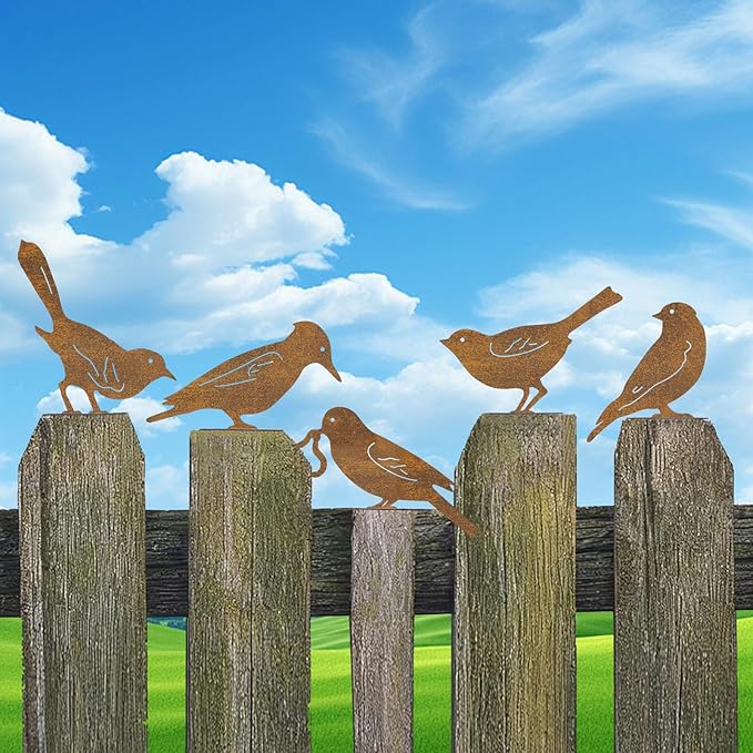 Rusty Metal Bird Silhouette Garden Decor - 5 Pack Metal Bird Art Fence Topper Decorations,Rustic Bird Sculptures for Outdoor Yard, Patio, Fence, Tree, Garden Gifts for Mom, Grandma, Bird Lovers