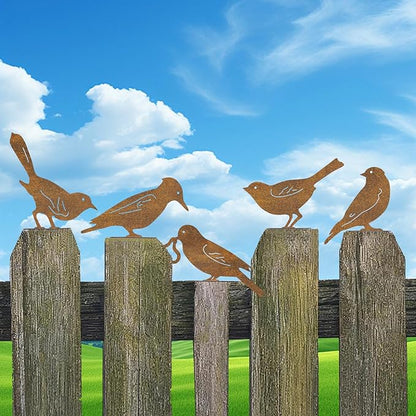 Rusty Metal Bird Silhouette Garden Decor - 5 Pack Metal Bird Art Fence Topper Decorations,Rustic Bird Sculptures for Outdoor Yard, Patio, Fence, Tree, Garden Gifts for Mom, Grandma, Bird Lovers
