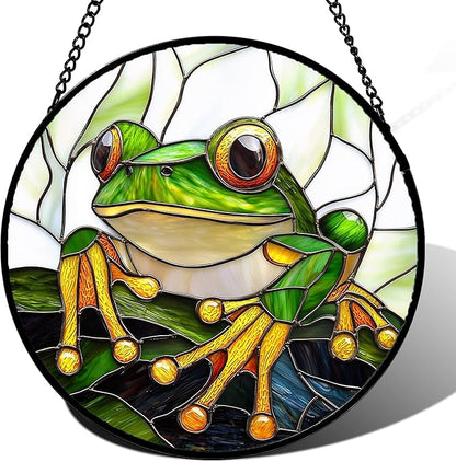 DASTOLL Stained Glass Window Hanging, Green Frog White Petals Sun Catchers Colorful Glass Panel Cute Suncatcher Decor for Birthday for Women, Men, Wife, Aunt, and Mom 14.9x14.9 in