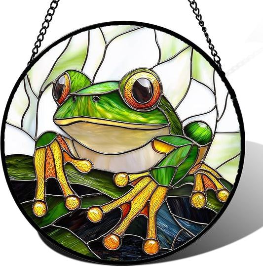 DASTOLL Stained Glass Window Hanging, Green Frog White Petals Sun Catchers Colorful Glass Panel Cute Suncatcher Decor for Birthday for Women, Men, Wife, Aunt, and Mom 14.9x14.9 in