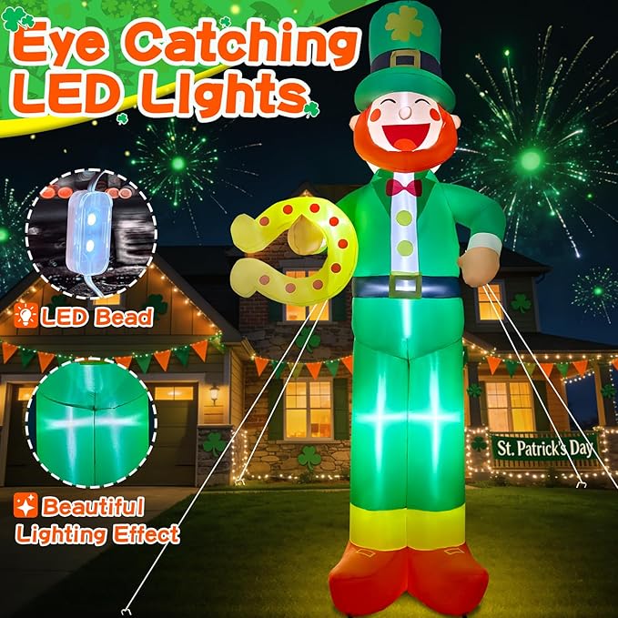 12Ft Giant St Patricks Day Inflatable Leprechaun with Horseshoes St Patricks Blow Up Inflatable Yard Decorations St Patricks Day Blow Up for Outdoor Garden Lawn Party(with Drawstring Bag)