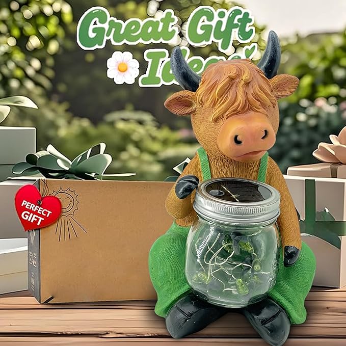 Solar Firefly Jar Highland Cow Waterproof - Garden Highland Cow Solar Outdoor LED Lights Resin Statues Lantern Figurines Decorations Birthday Housewarming Gifts for Mom Women