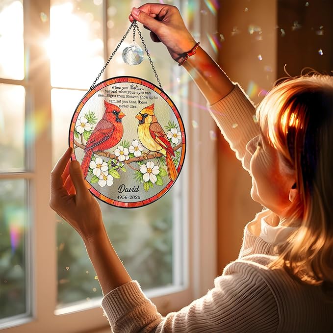 Personalized Cardinal Stained Glass Memorial Suncatcher, Custom Cardinals Window Hanging with Quote, Meaningful Sympathy Gifts for Loss of Loved One, Memorial Day for Mom, Dad, Grandparent