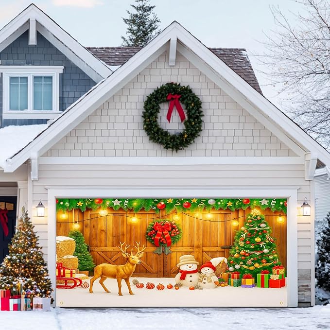 HOMETITUTE Christmas Garage Entryway Banner 13x6ft Rustic Wooden Entryway Scene with Reindeer Snowman Xmas Tree Gift Boxes Pinecones PumpkinsLights Outdoor Holiday Display Backdrop