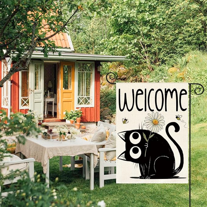 AVOIN colorlife Black Cat Spring Summer Garden Flag 12x18 Inch Double Sided Outside, Seasonal Daisy Welcome Yard Outdoor Flag