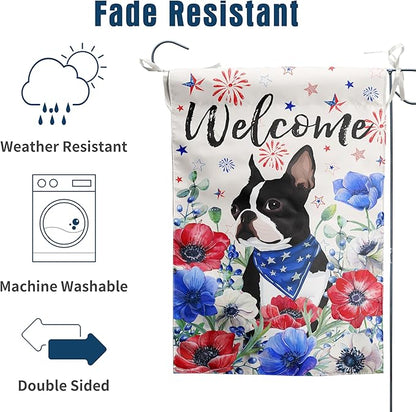 4th of July Boston Terrier Garden Flag Red White Blue Floral Dog Yard Flags Small Memorial Independence Day Banner 12x18 Double Sided for Outside Outdoor Patriotic Decor