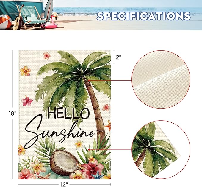 AVOIN colorlife Summer Tropical Palm Tree Garden Flag 12x18 Inch Double Sided Outside, Hello Sunshine Seasonal Burlap Yard Outdoor Decoration