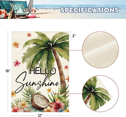AVOIN colorlife Summer Tropical Palm Tree Garden Flag 12x18 Inch Double Sided Outside, Hello Sunshine Seasonal Burlap Yard Outdoor Decoration