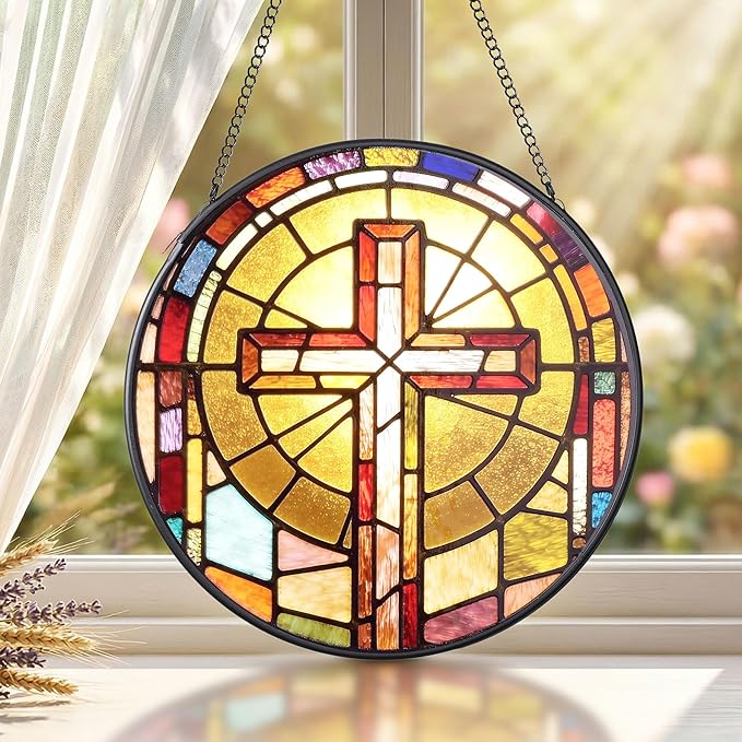 Stained Glass Suncatcher, 7.9 Inch Stained Glass Window Hanging Faith Cross Sun Catcher, Window Hanging Ornament Garden Decor Modern Farmhouse Decoration Catholic Gifts Religious Gifts