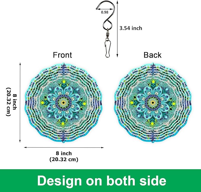 WIRESTER Hanging Wind Spinner 8 Inch, Metal 3D Wind Sculpture Ornament Decoration for Home Yard Garden Patio Balcony Indoor Outdoor - Teal Blue Green Mandala Vintage