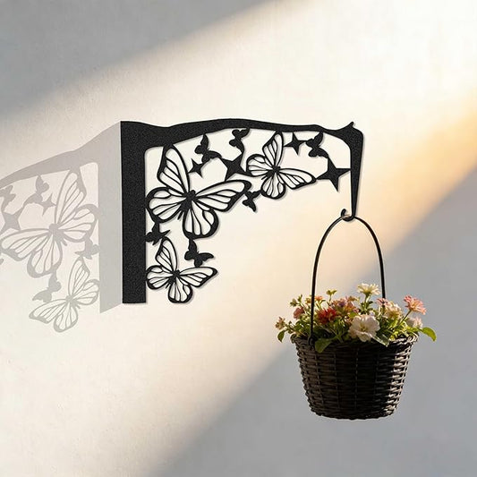 Black Metal Butterfly Plant Wall Hanger Hook for Outdoor Indoor, Hanger Bracket for Blasket Pot Staghorn Fern Bird Feeder Wind Chime, Butterfly Decor for Wall Window Patio Porch Garden Home