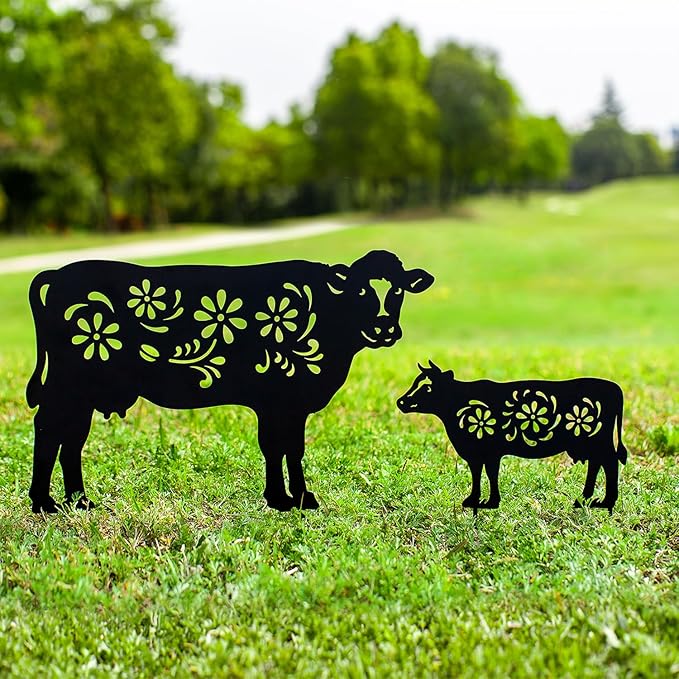 EZTZEN Cow Metal Garden Stakes Decorative,Cow Gifts for Women/Mom/Grandma/Men Cow Lovers Gifts,Black Cow Silhouette Statues Garden Decor for Outside,Outdoor Decor,Yard Art,Patio,Lawn Ornaments,2 Pack