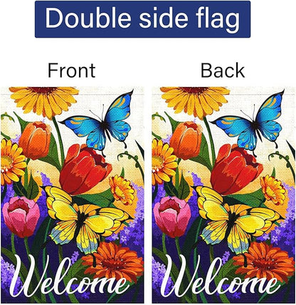Louise Maelys Welcome Spring Floral House Flag 28x40 Inch Double Sided, Burlap Large Spring Summer Butterfly Yard for Seasonal Outside Outdoor House Decoration