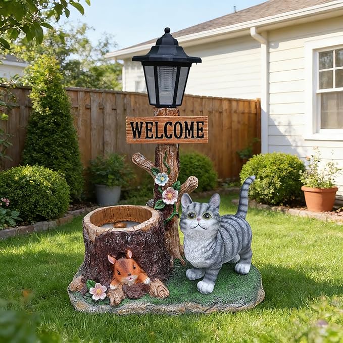 Solar Garden Statue with Planter & Solar Lantern, Outdoor Resin Animal Sculpture, Waterproof Yard Lawn Decor Pot for Succulents, Front Porch Ornament Housewarming Gift (American Shorthair Cat)
